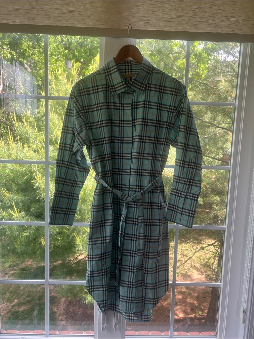 Burberry Mint Green Plaid Belted Shirt Dress